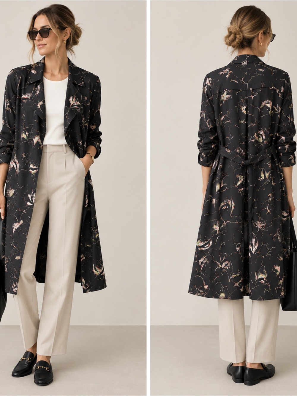 Babaton Quincey Printed Trench Coat Abstract Floral Belted Duster XS